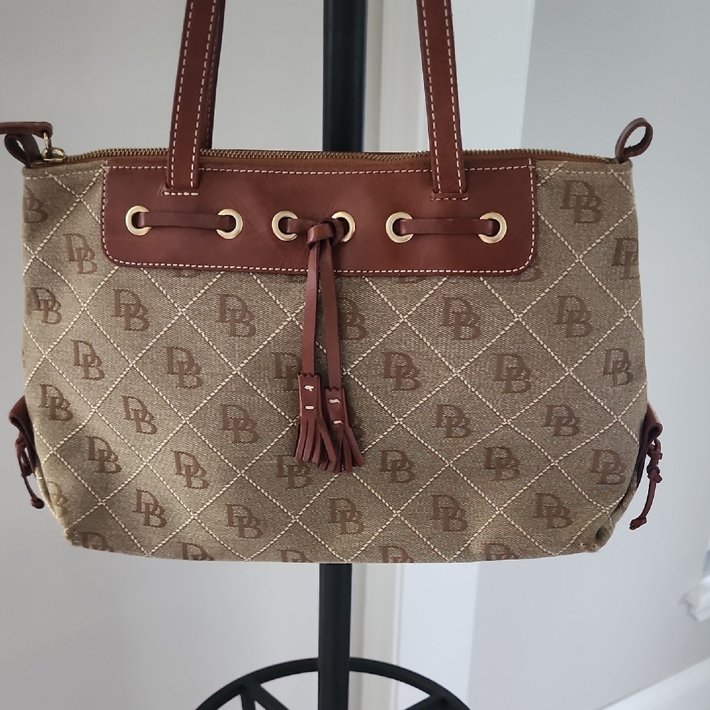 Dooney & Bourke Brown Shoulder Bag with Monogram and Tassel
